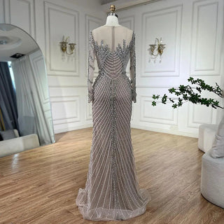 Ships in 1 to 3 Days - Arabic Luxury Crystal Pearls Silver Nude Dubai Evening Dresses for Women Wedding Formal Prom Party Gown 2024