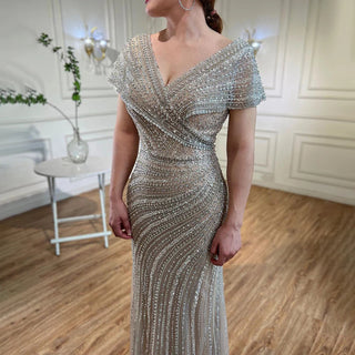 Silver Mermaid Elegant Evening Dress - Beaded Luxury Sparkle Gown for Women's Party 2024