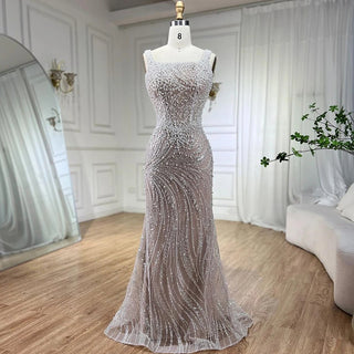 Ships in 1 to 3 Days - White Nude Spaghetti Strap Mermaid Evening Dress - Luxury Pearls Beaded Gown for Women's Wedding Party (2024)