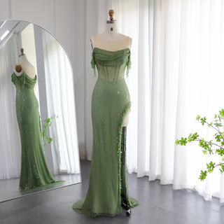 Luxury Crystal Dubai Sage Green Evening Dresses: Orange Arabic High Slit Prom Dress for Women's Wedding Party Elegance