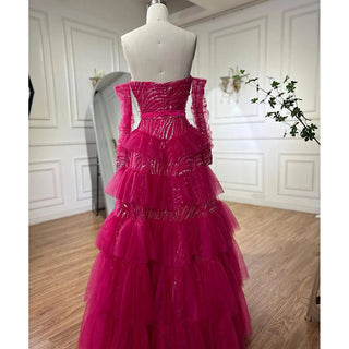 Fuchsia A-Line Elegant Sweetheart Off-Shoulder Tiered Beaded Evening Dress: 2024 Prom Gown for Women's Party