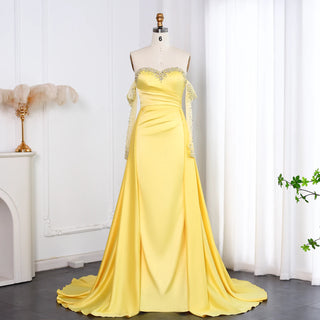 Elegant Sweetheart Yellow Satin Evening Dress - Beaded Pearls Gown with Gloves for Arabic Women’s Wedding Parties