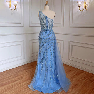 Blue Sexy One Shoulder Mermaid Elegant Beaded Arabic Evening Dress Gown for Women Wedding Party 2024