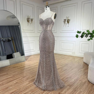 2024 Arabic Caramel Spaghetti Strap Mermaid Lace-Up Evening Gown Beaded Dress for Women's Party