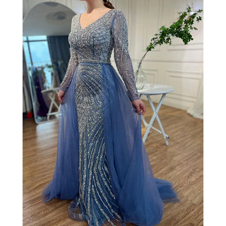 Ships in 1 to 3 Days - Sapphire Serenity: Elegant Beaded V-Neck Mermaid Gown in Blue Grey Party 2024