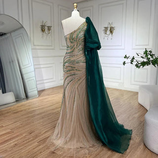 Emerald Enchantment: 2024 Green One Shoulder Mermaid Evening Gown with Long Cloak - Luxury Beaded Dress for Women's Wedding Party