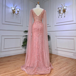 Peach Pink Mermaid Elegant Cape Sleeves Beaded Evening Dress - Prom Formal Arabic Gown 2024 for Women's Party