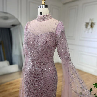 Dubai Pink Cape Sleeves Mermaid Beaded Luxury Long Arabic Evening Dress - Gown for Women's Wedding Party