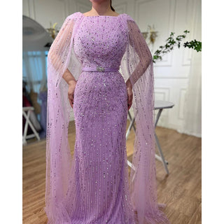 Ships in 1 to 3 Days - Arabic Purple Mermaid Long Evening Dress with Cape Sleeves - Beaded Luxury Dubai Gown for Women's Party