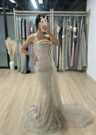 Sexy Champagne Strapless Pleated Evening Dress - Sparkling Sequined Mermaid Gown with Side Train for Wedding Guests