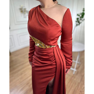 Wine Red Mermaid High Split Satin Evening Gown: Elegant O Neck for Women's Party 2024