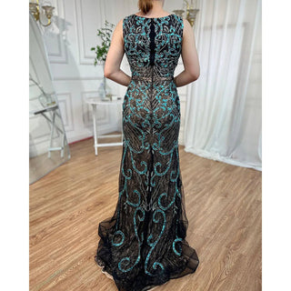 Arabic Blue Sleeveless Mermaid Luxury Evening Dress: Elegant Lace Beaded Gown for Women's Wedding Party 2024