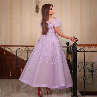 Ships in 1 to 3 Days - Arabic Lilac Dreams: 2024 A-Line Ankle-Length Evening Gown - Luxury Beaded Feather Dress for Women's Wedding Party