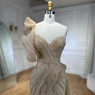 2024 One-Shoulder Nude Mermaid With Overskirt Beaded Feathers Evening Dress - Gown for Women's Wedding Party