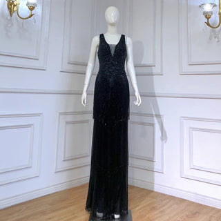 Dubai Design Grey Deep-V Evening Dress Sequined Beaded Tassel Luxury Formal Dress 2024