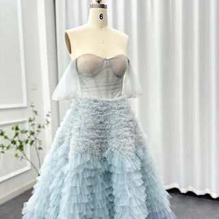 Chic Blue Ombre Tiered Ruffles: Luxury 2024 Dubai Ball Gown Evening Dresses