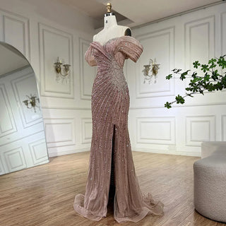 Ships in 1 to 3 Days - 2024 Off-The-Shoulder Pink Mermaid Beaded Luxury Evening Gown with Side Split for Formal Saudi Occasions