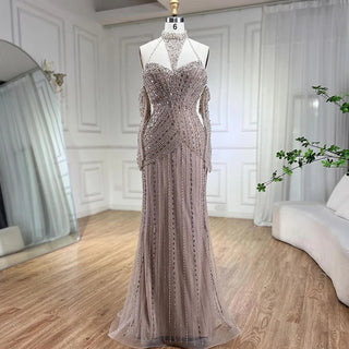 Caramel Mermaid Halter Sleeveless Evening Gown with Gloves - Beaded Elegant Party Dress for Women 2024