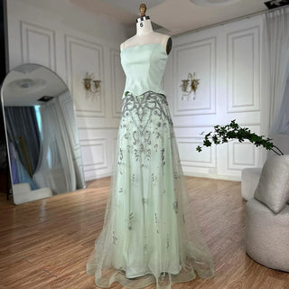 Sage Green Strapless Beaded A-Line Evening Gown – 2025 Saudi Arabic Luxury Dress