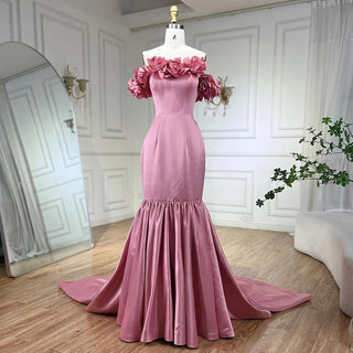 Arabic Pink Mermaid Satin Strapless Luxury Dubai Beaded Evening Dress - Women's Wedding Party 2024