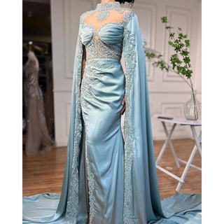 Luxury Mint Mermaid Evening Dress with High Collar and Beaded Cape Sleeves - Women's Party Gown 2024