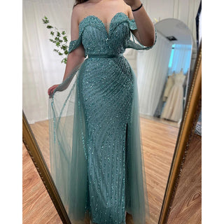 Nude Mermaid Elegant With Overskirt Off Shoulder Beaded Split Evening Dresses Gowns For Woman Party 2024