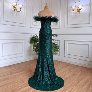 Green Sexy Mermaid High Split Feathers Evening Gown: Formal Luxury for Women's Wedding Party 2024