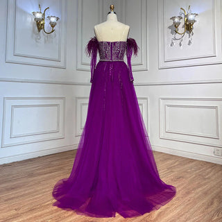 Lilac Mermaid Strapless Overskirt Feather Beaded Evening Dress With Gloves: Gowns 2024 For Women Party