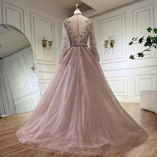 2024 Arabic Elegant Pink Luxury Dubai A-Line Beaded Evening Dress Gown for Women's Party