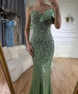 Ships in 1 to 3 Days - 2024 Arabic Green Mermaid Evening Gown with One Shoulder and Beaded Detailing - Elegant Long Dress for Formal Occasions