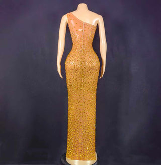 Elegant One-Shoulder Gown with Golden Embellishments and High Slit