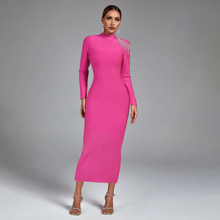 Ships in 1 to 3 Days - Elegant Beaded Backless Midi Dress with Diamond Tassels - Sexy Long Sleeve Rhinestone Bandage Cocktail Dress