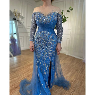 Ships in 1 to 3 Days - Stunning Dubai Blue Mermaid Evening Dress - Sexy High Split with Skirt Beaded Gown for Women's Wedding Party 2024