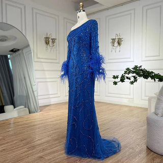 Ships in 1 to 3 Days - Blue Mermaid Elegant One-Shoulder Beaded Feathers Luxury Evening Dress Gown for Women's Wedding Party 2024