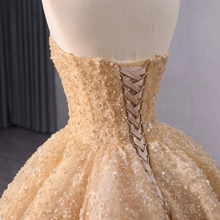 Elegant Golden Strapless Sequins Flower Ball Gown Evening Dress