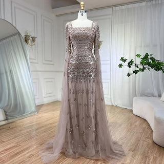 Caramel Mermaid Long Evening Dress with Beaded Cape Sleeves - Elegant Gown for Women's Wedding Party