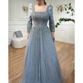 Ships in 1 to 3 Days - Arabic Grey A-Line Evening Dress 2024 with Puffy Shoulders, Elegant Beaded Luxury - Ideal for Women's Wedding Party