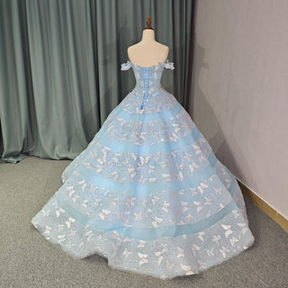 Bling Sky Blue Butterfly Evening Party Gown for Women