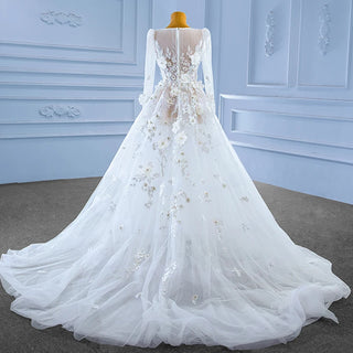 Illusion V-Neck Long Sleeve Wedding Dress with Appliqued Flowers