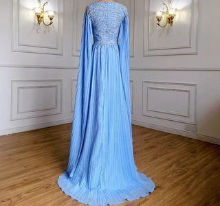 Ships in 1 to 3 Days - Blue Cape Sleeves Evening Dress 2024 - Beaded A-Line Chiffon Gown for Women's Party