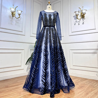 Navy Blue Muslim Velvet Evening Dress - 2024 Beaded Luxury A-Line Gowns for Women's Party