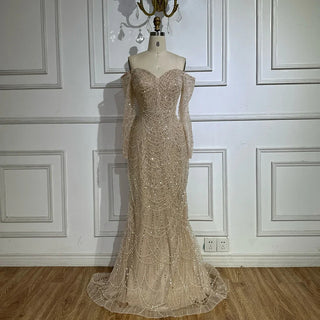 Nude Mermaid Beaded Evening Dress with Detachable Skirt for Formal Occasions