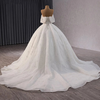 Luxury Boat Neck Ball Gown Wedding Dress with Pearls and Beading