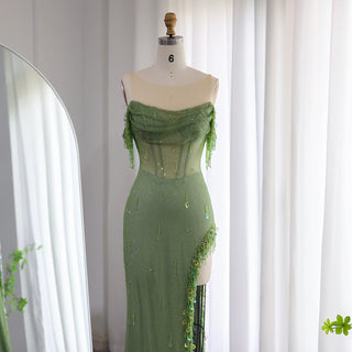 Ships in 1 to 3 Days - Arabic Green Crystal Luxury Dubai Evening Dresses Gowns High Slit Prom Dress for Women Wedding Party 2024