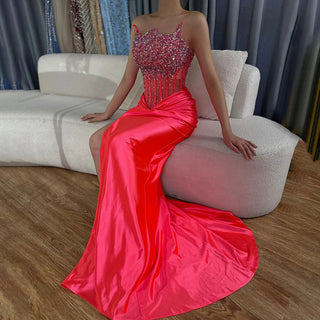 Ships in 2 to 5 Days -2025 Arabic Fuchsia Strapless Side Slit Beaded Mermaid Luxury Dubai Evening Gown for Women's Party