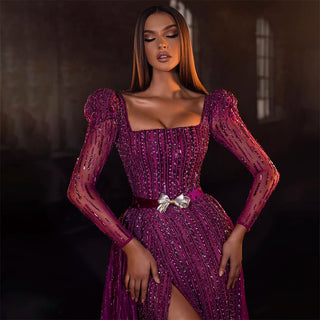 Dubai Fuchsia Elegance: Luxury Evening Dress with Long Sleeves, Overskirt, and Arabic-inspired Elegance for Women at Wedding Parties and Formal Events.