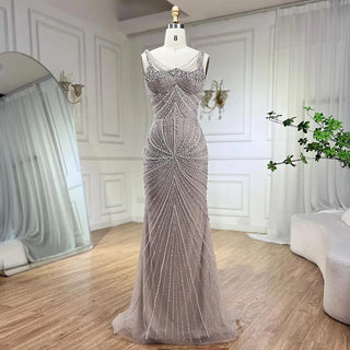 Arabic Nude Spaghetti Strap Mermaid Evening Gown - Luxury Pearls Beaded for Women's Wedding Party 2024