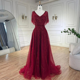 Desert Ruby: Red A-Line Evening Dress with Half Sleeves and Crystal Beading – Dubai 2024 Formal Collection