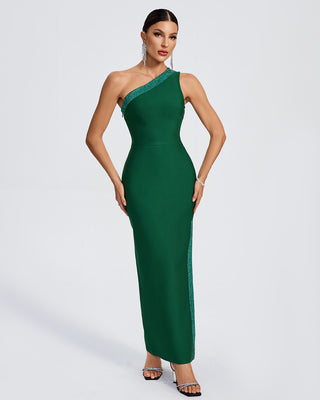 Ships in 1 to 3 Days -Elegant Emerald One-Shoulder Maxi Dress with Glitter Trim