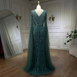 Ships in 1 to 3 Days – Arabic Mermaid Blue Beaded Elegant Cape Sleeves Luxury Evening Dress Gown for Women Wedding Party 2024